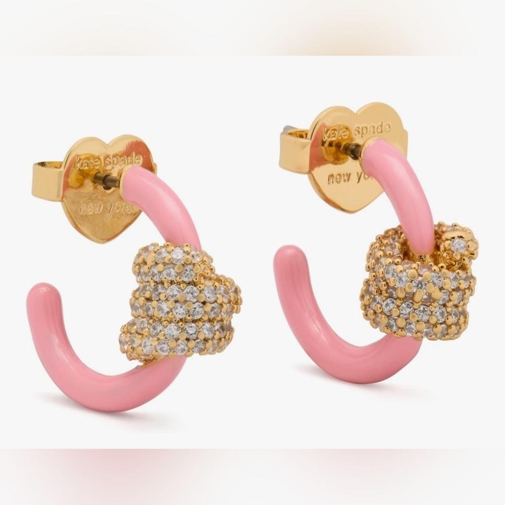 kate spade Pink Enamel Hoop Earrings with Gold Pavé Knot.